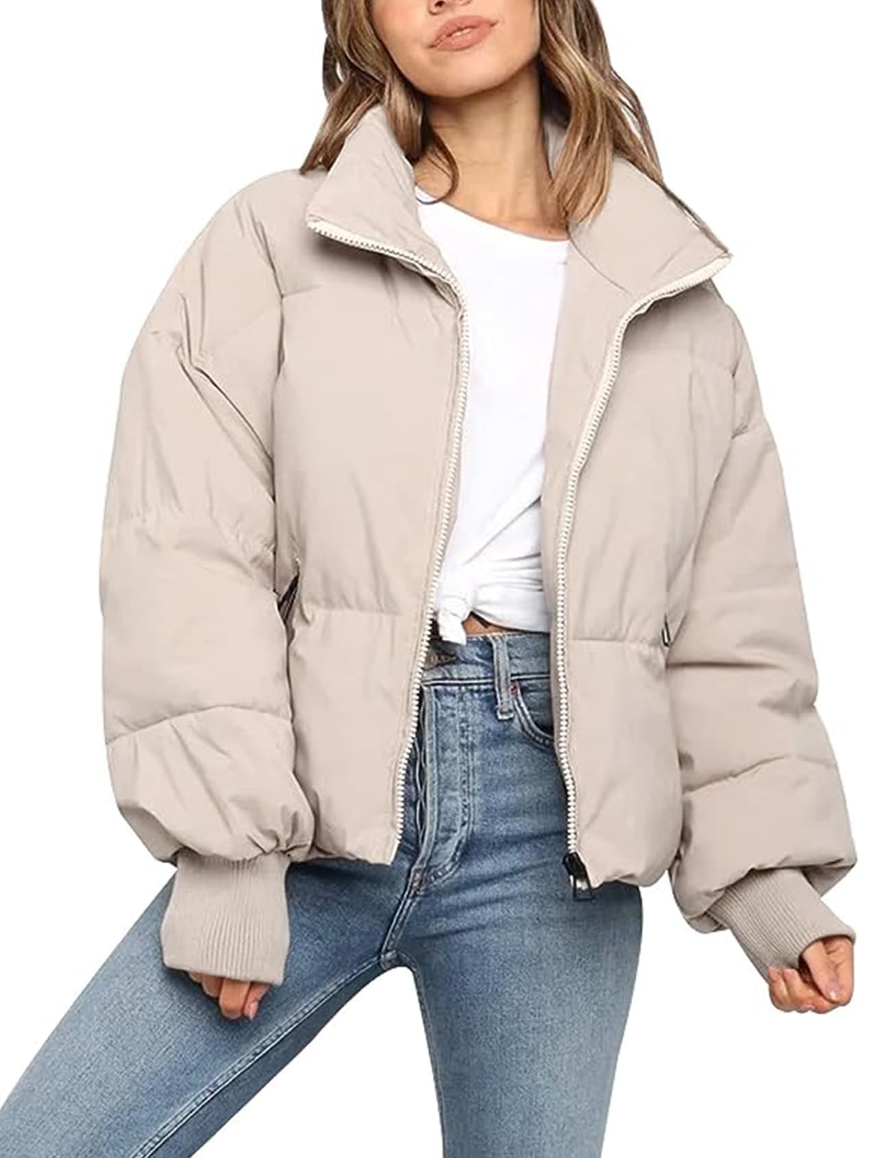 Flygo Winter Cropped Puffer Jacket Coats for Women 2025 Short Warm Quilted Jackets Outerwear with Pockets